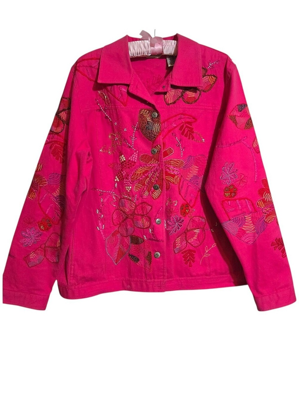 Vintage Laura Ashley Hot Pink Embroidered Cotton Jacket Size XL Floral Boho